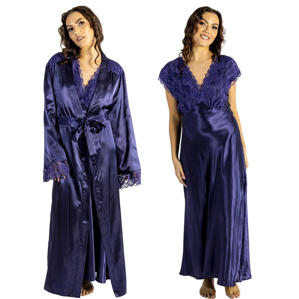 ladies indigo navy blue silky shiny satin and lace matching wide strap nightdress and dressing gown robe set which is full length in UK plus sizes 18, 20, 22, 24,