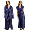 ladies indigo navy blue silky shiny satin and lace matching wide strap nightdress and dressing gown robe set which is full length in UK plus sizes 18, 20, 22, 24,
