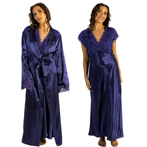 ladies indigo navy blue silky shiny satin and lace matching wide strap nightdress and dressing gown robe set which is full length in UK plus sizes 18, 20, 22, 24,