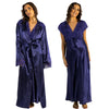 ladies indigo navy blue silky shiny satin and lace matching wide strap nightdress and dressing gown robe set which is full length in UK plus sizes 18, 20, 22, 24,