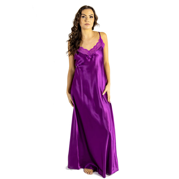 long full length silky shiny satin and lace chemise nightdress with string adjustable straps in plain fuchsia pink in UK plus sizes 14, 16, 18, 20, 22, 24, 26, 28,