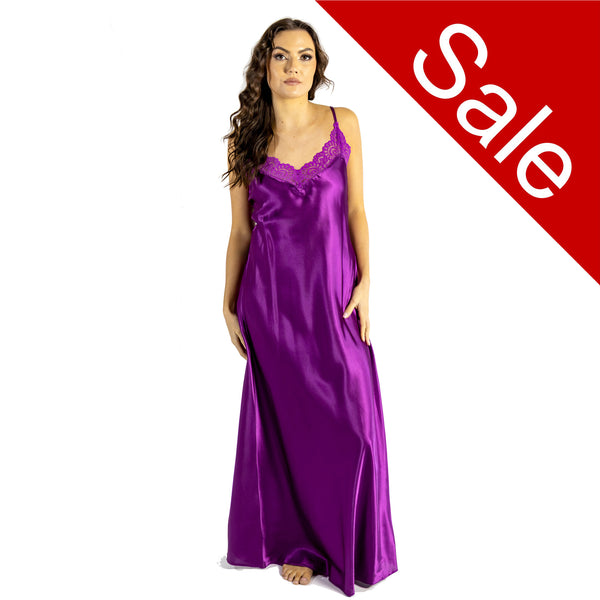 Long full length silky shiny satin and lace chemise nightdress with string adjustable straps in plain fuchsia pink in UK plus sizes 14, 16, 18, 20, 22, 24, 26, 28,