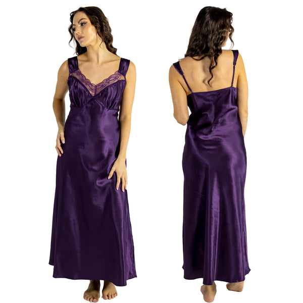 long full length silky shiny satin and lace chemise, nightdress with wide straps which are adjustable at the back in plain deep purple in UK plus sizes 12, 14, 16, 18, 20, 22, 24, 26, 28, 30, 32, 34, 36, 38
