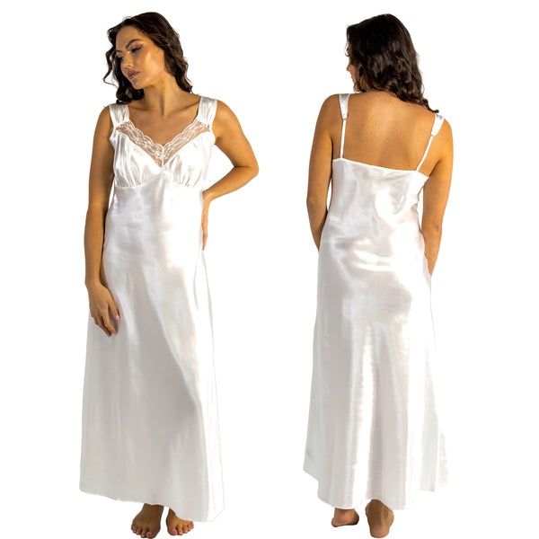 long full length silky shiny satin and lace chemise, nightdress with wide straps which are adjustable at the back in plain ivory white in UK plus sizes 12, 14, 16, 18, 20, 22, 24, 26, 28, 30, 32, 34, 36, 38
