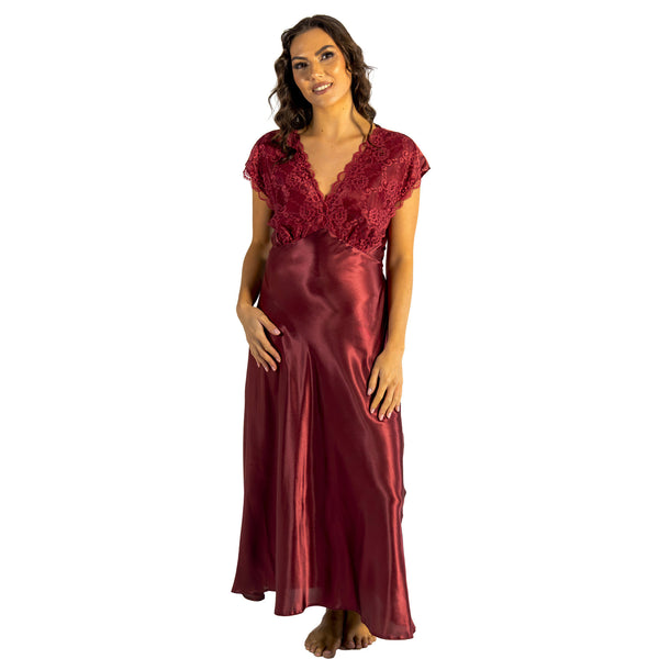 long full length silky shiny satin and lace chemise nightdress with wide fixed straps in a plain burgundy red style in UK plus sizes 18, 20, 22, 24,