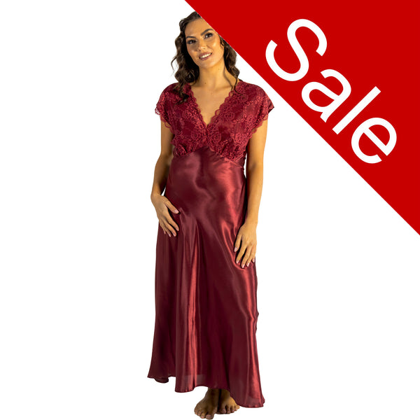 long full length silky shiny satin and lace chemise nightdress with wide fixed straps in a plain burgundy red style in UK plus sizes 14, 16, 18, 20, 