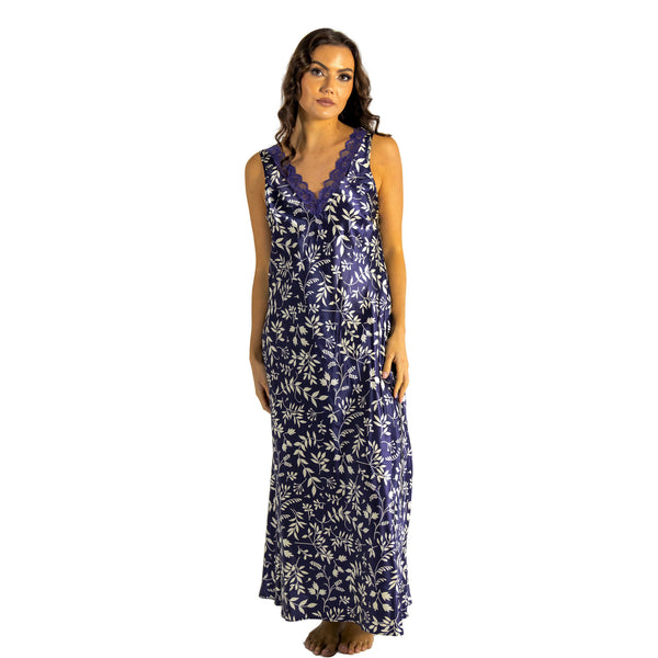long full length silky shiny satin and lace chemise nightdress with wide fixed straps in a large floral oriental style indigo navy blue background in UK plus sizes 18, 20, 22, 24, 