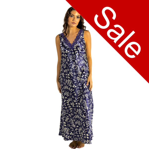 Long full length silky shiny satin and lace chemise nightdress with wide fixed straps in an autumn floral print navy blue style in UK sizes 10, 12, 14, 16, 18, 20