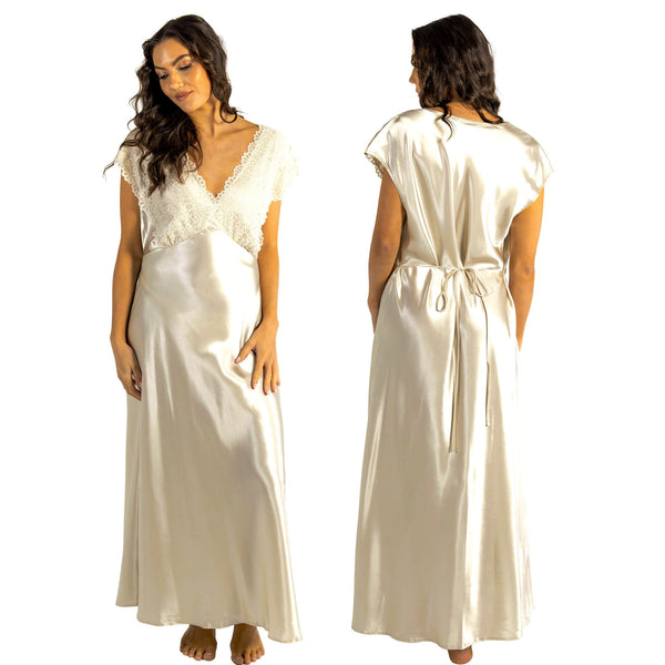 long full length silky shiny satin and lace chemise nightdress with wide fixed straps in a plain gold style in UK plus sizes 14, 16, 18, 20, 22, 24, 26, 28,