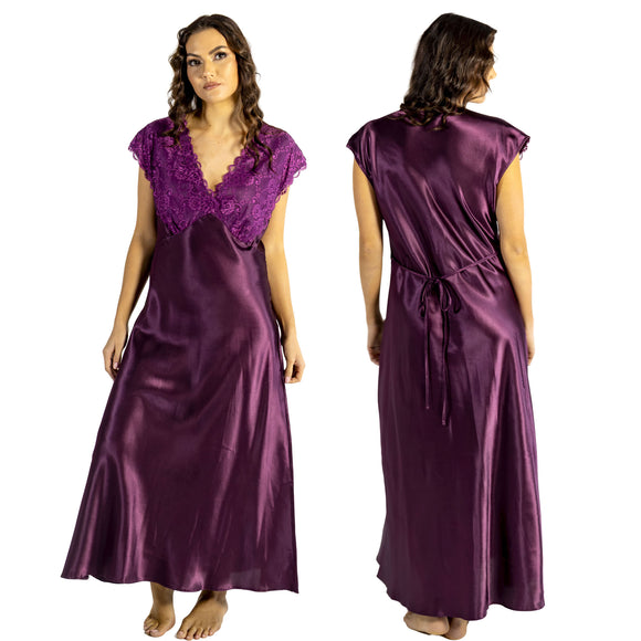 long full length silky shiny satin and lace chemise nightdress with wide fixed straps in a mulberry purple style in UK plus sizes 10, 12, 18, 20, 22, 24, 26, 28,