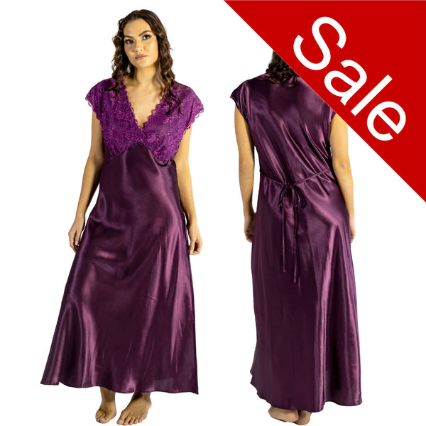 long full length silky shiny satin and lace chemise nightdress with wide fixed straps in a mulberry purple style in UK plus sizes 10, 12, 18, 20, 22, 24, 26, 28,