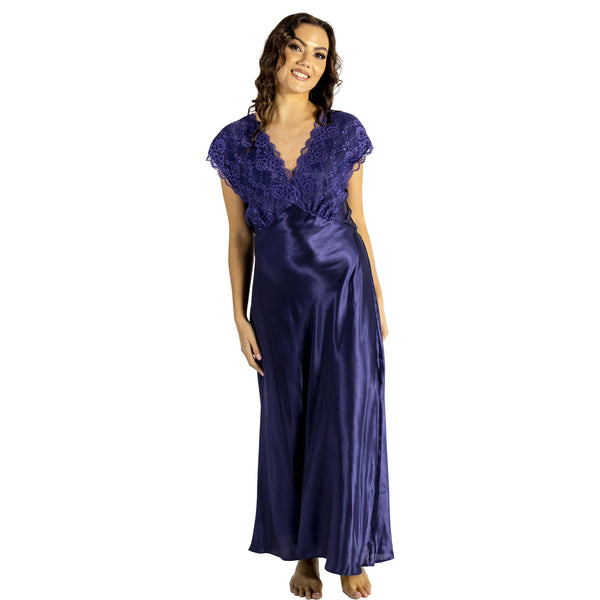 long full length silky shiny satin and lace chemise nightdress with wide fixed straps in a plain navy blue style in UK plus sizes 18, 20, 22, 24,