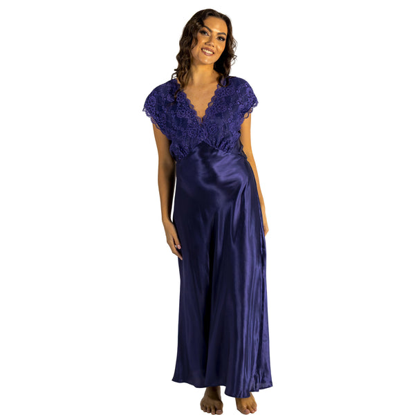 Long full length silky shiny satin and lace chemise, nightdress with wide fixed straps in a plain navy blue style in UK sizes 10, 12, 18, 20, 22, 24