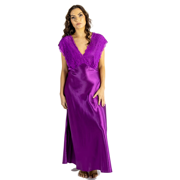 long full length silky shiny satin and lace chemise nightdress with wide fixed straps in a pink, purple style in UK plus sizes 14, 16, 18, 20, 22, 24, 26, 28,