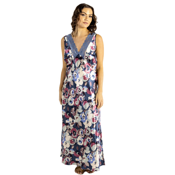 long full length silky shiny satin and lace chemise nightdress with wide fixed straps in a large floral style blue background in UK plus sizes 14, 16, 18, 20, 22, 24, 26, 28,