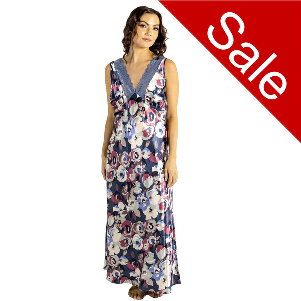 long full length silky shiny satin and lace chemise nightdress with wide fixed straps in a large floral style blue background in UK plus sizes 14, 16, 18, 20, 22, 24, 26, 28,