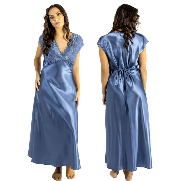 long full length silky shiny satin and lace chemise nightdress with wide fixed straps in a plain powder blue style in UK plus sizes 10, 12, 14, 16, 18, 20, 22, 24, 26, 28,