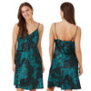 Jade emerald green animal leopard print with a black background in a silky shiny satin chemise nightie which is knee length with adjustable straps and a vee neck detail in UK sizes 10, 12, 