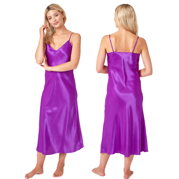 long full length sliky shiny satin chemise nightdress with string adjustable straps in a violet purple in UK plus sizes 8, 10, 12, 14, 16, 18, 20, 22, 24, 26,