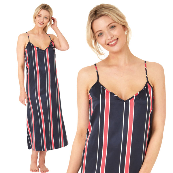 long full length mat satin chemise nightdress with string adjustable straps in a nautical navy, red and white stripe in UK plus sizes 12, 14, 16, 18, 20, 22, 24, 26, 28, 30, 32, 34, 36, 38