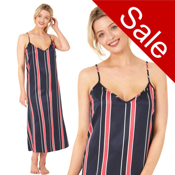 Long full length mat satin chemise nightdress with string adjustable straps in a nautical navy, red and white stripe in UK plus sizes 16, 18, 20, 22, 24, 26, 28, 30, 32, 34, 36, 38