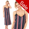Long full length mat satin chemise nightdress with string adjustable straps in a nautical navy, red and white stripe in UK plus sizes 16, 18, 20, 22, 24, 26, 28, 30, 32, 34, 36, 38