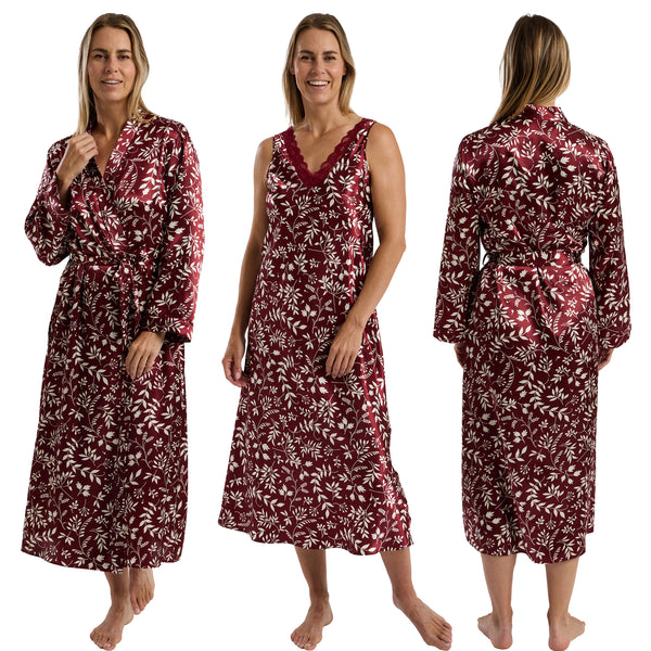 Cherry burgundy red floral silky shiny satin and lace matching wide strap nightdress and dressing gown robe set which is full length in UK plus sizes 18, 20, 22, 24,