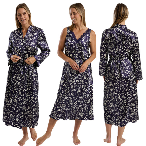 Indigo navy blue autumn floral silky shiny satin and lace matching wide strap nightdress and dressing gown robe set which is full length in UK plus sizes 18, 20, 22, 24,