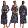 Indigo navy blue autumn floral silky shiny satin and lace matching wide strap nightdress and dressing gown robe set which is full length in UK plus sizes 18, 20, 22, 24,