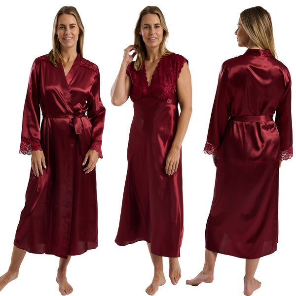 ladies cherry burgundy red silky shiny satin and lace matching wide strap nightdress and dressing gown robe set which is full length in UK plus sizes 18, 20, 22, 24,