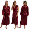 ladies cherry burgundy red silky shiny satin and lace matching wide strap nightdress and dressing gown robe set which is full length in UK plus sizes 18, 20, 22, 24,