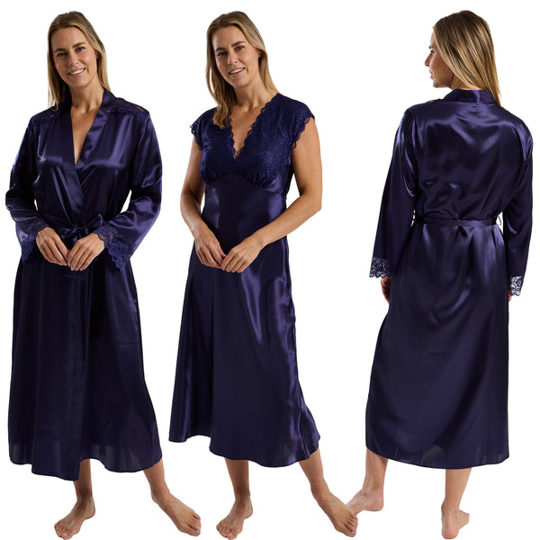 ladies indigo navy blue silky shiny satin and lace matching wide strap nightdress and dressing gown robe set which is full length in UK plus sizes 18, 20, 22, 24,
