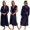ladies indigo navy blue silky shiny satin and lace matching wide strap nightdress and dressing gown robe set which is full length in UK plus sizes 18, 20, 22, 24,