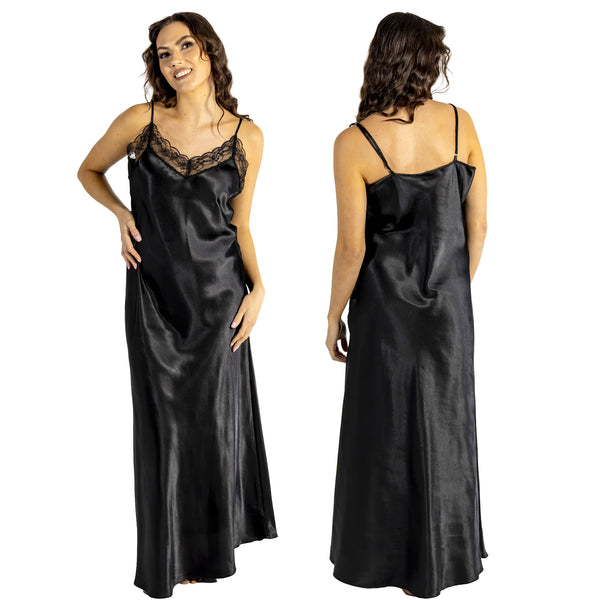 long full length silky shiny satin and lace trim chemise nightdress with string adjustable straps in plain black in UK plus sizes 12, 14, 16, 18, 20, 22, 24, 26, 28, 30, 32, 34, 36, 38