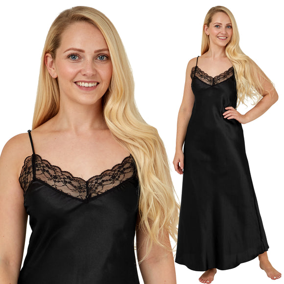 long full length silky shiny satin and lace chemise nightdress with string adjustable straps in plain black in UK plus sizes 12, 14, 16, 18, 20, 22, 24, 26, 28, 30, 32,