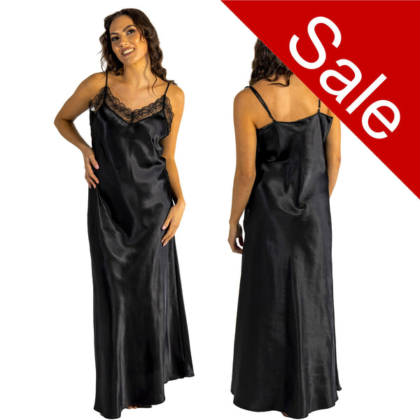 long full length silky shiny satin and lace trim chemise nightdress with string adjustable straps in plain black in UK sizes 12, 14, 16, 