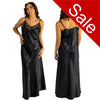 long full length silky shiny satin and lace trim chemise nightdress with string adjustable straps in plain black in UK sizes 12, 14, 16, 