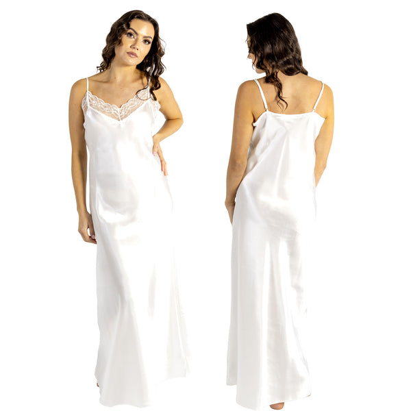 long full length silky shiny satin and lace chemise nightdress with string adjustable straps in plain ivory in UK plus sizes 12, 14, 16, 18, 20, 22, 24, 26, 28, 30, 32, 34, 36, 38