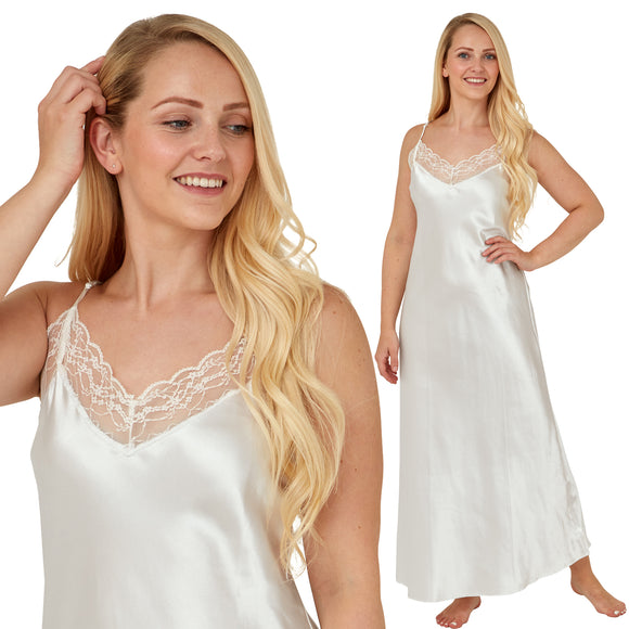 long full length silky shiny satin and lace chemise nightdress with string adjustable straps in plain ivory in UK plus sizes 12, 14, 16, 18, 20, 22, 24, 26, 28, 30, 32,