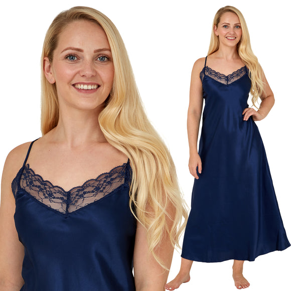 long full length silky shiny satin and lace chemise nightdress with string adjustable straps in plain navy blue in UK plus sizes 12, 14, 16, 18, 20, 22, 24, 26, 28, 30, 32,