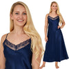 long full length silky shiny satin and lace chemise nightdress with string adjustable straps in plain navy blue in UK plus sizes 12, 14, 16, 18, 20, 22, 24, 26, 28, 30, 32,