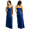 Long full length silky shiny satin and lace chemise nightdress with string adjustable straps in plain navy blue in UK plus sizes 12, 14, 16, 18, 20, 22, 24, 26, 28, 30, 32,