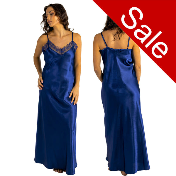 Long full length silky shiny satin and lace chemise nightdress with string adjustable straps in plain navy blue in UK sizes 12, 14, 16, 