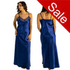 Long full length silky shiny satin and lace chemise nightdress with string adjustable straps in plain navy blue in UK sizes 12, 14, 16, 