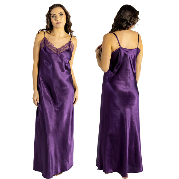 long full length silky shiny satin and lace chemise nightdress with string adjustable straps in plain deep purple in UK plus sizes 12, 14, 16, 18, 20, 22, 24, 26, 28, 30, 32, 34, 36, 38