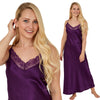 long full length silky shiny satin and lace chemise nightdress with string adjustable straps in plain deep purple in UK plus sizes 12, 14, 16, 18, 20, 22, 24, 26, 28, 30, 32,