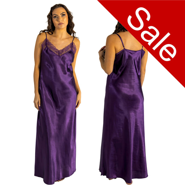 long full length silky shiny satin and lace chemise nightdress with string adjustable straps in plain deep purple in UK sizes 12, 14, 16, 