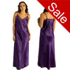long full length silky shiny satin and lace chemise nightdress with string adjustable straps in plain deep purple in UK sizes 12, 14, 16, 