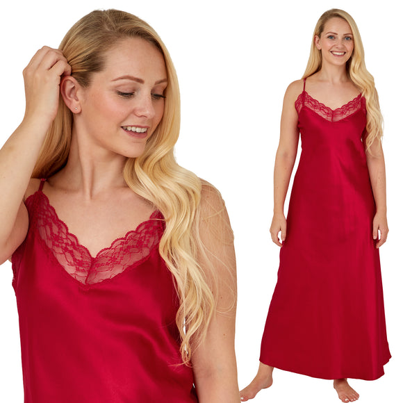 long full length silky shiny satin and lace chemise nightdress with string adjustable straps in plain bright red in UK plus sizes 12, 14, 16, 18, 20, 22, 24, 26, 28, 30, 32,