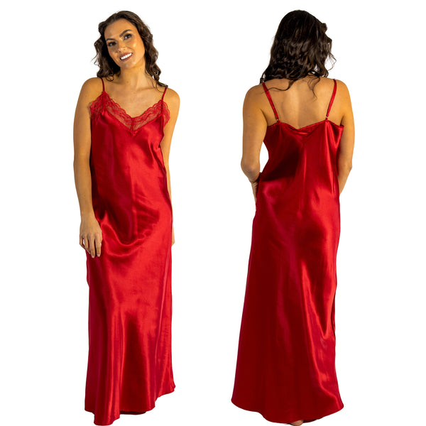 long full length silky shiny satin and lace chemise nightdress with string adjustable straps in plain bright red in UK plus sizes 12, 14, 16, 18, 20, 22, 24, 26, 28, 30, 32,